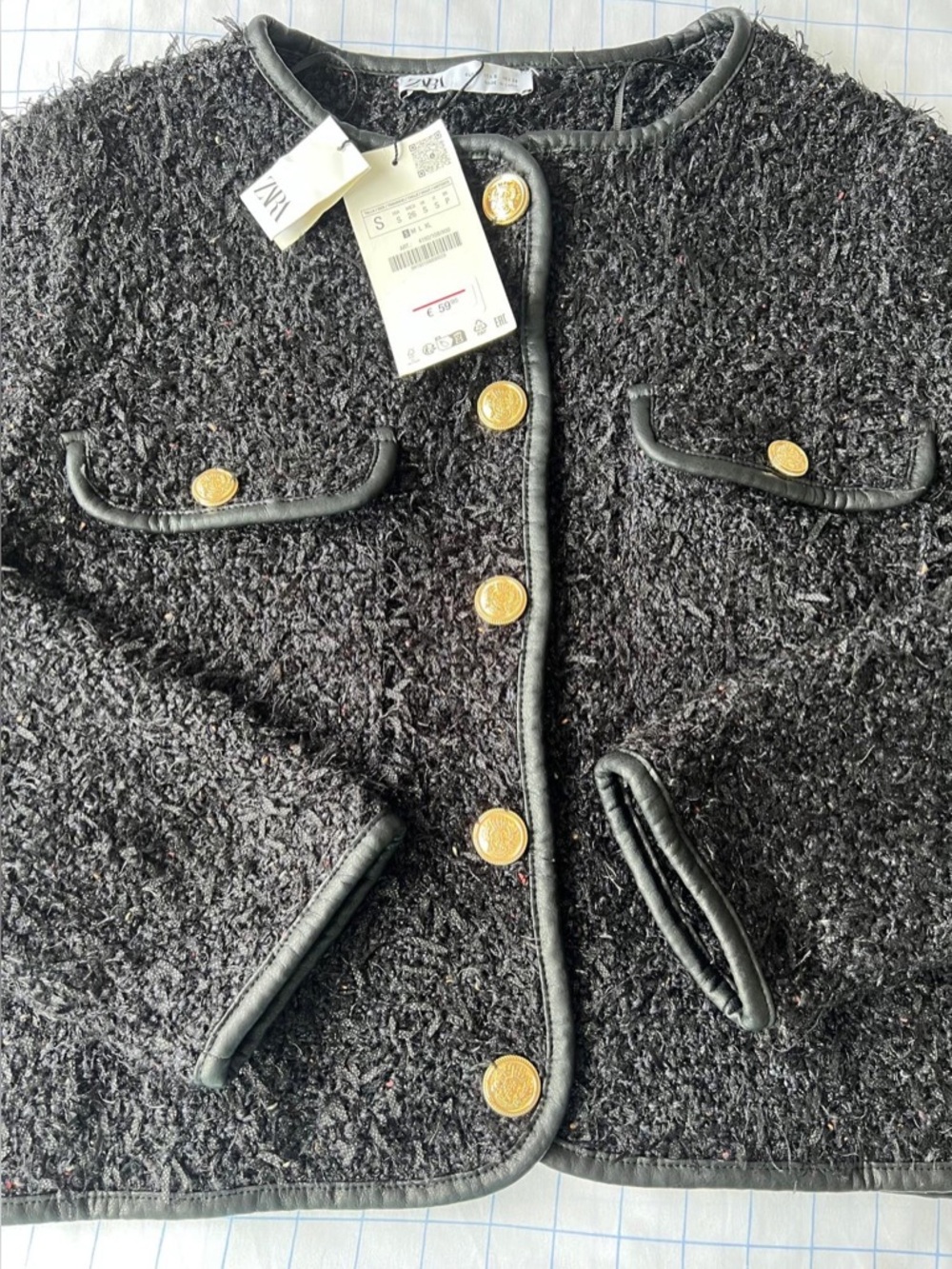 Zara Black Textured Bouclé Jacket with Gold Buttons